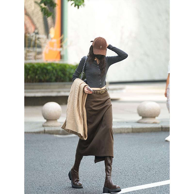 Luna7xi 咖色西装半身裙女2025秋季新款气质中长款开叉包臀裙长裙