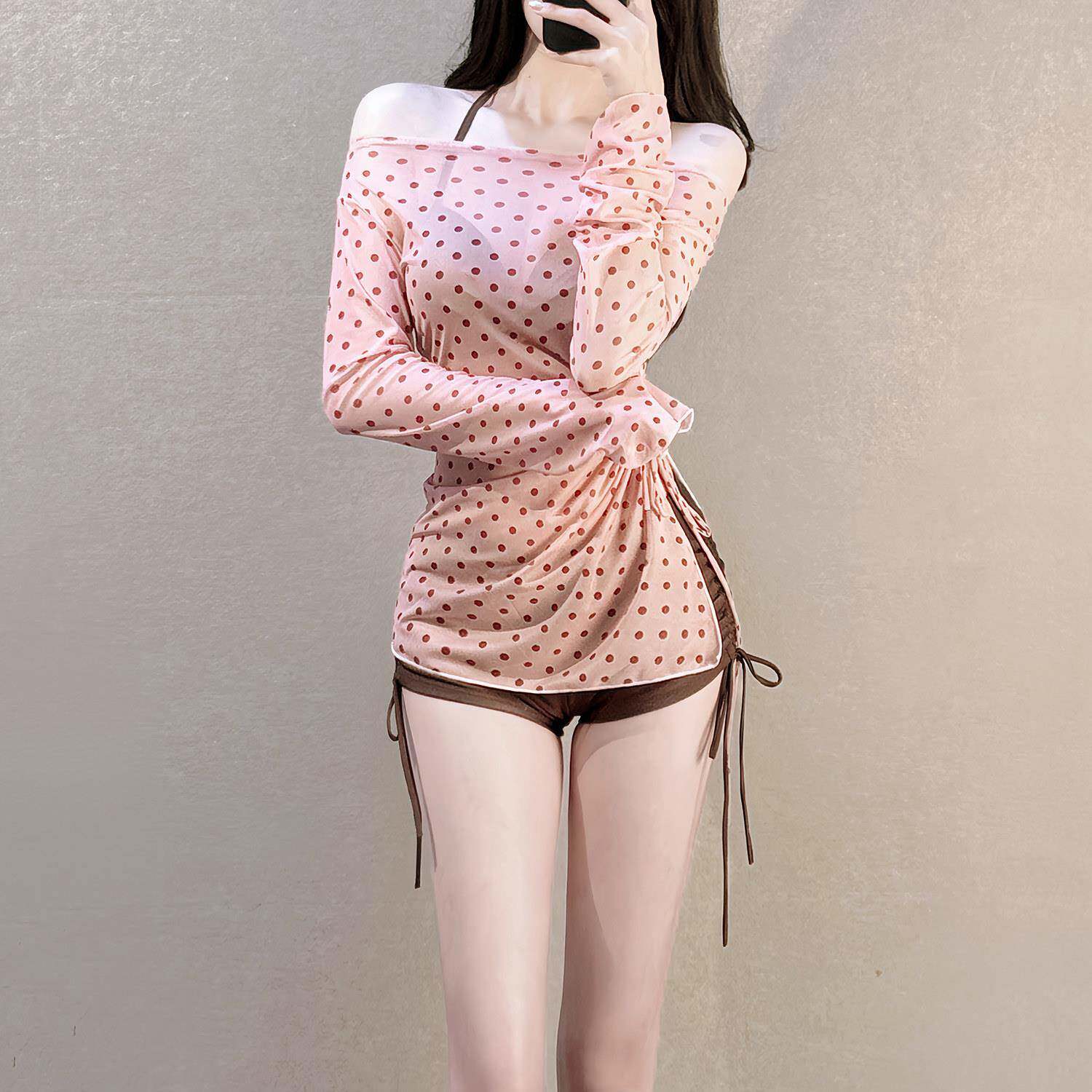 长袖波点罩衫钢托分体泳衣女三件套小胸性感高腰平角温泉大0724r