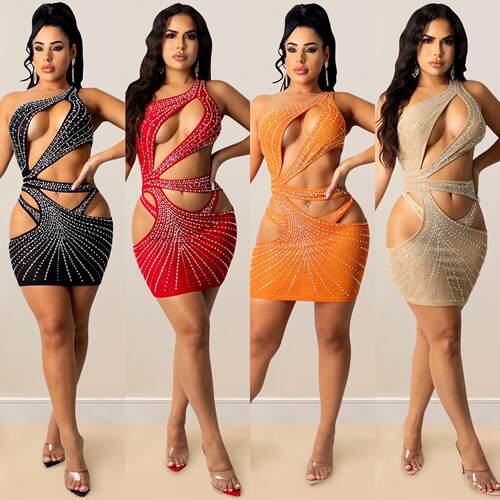 Women's mesh single shoulder hollow skirt dress