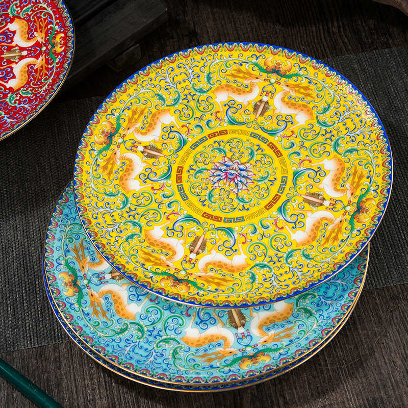 景德镇金边珐琅彩骨瓷餐具菜盘平盘平碟子浅盘家用陶瓷精致,餐饮具,盘,淘宝优惠券,粉丝福利购,淘宝优惠卷