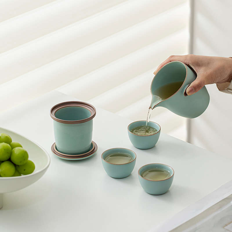 天青汝瓷快客杯一壶三杯旅行茶具套装泡茶壶便携式商务伴手礼logo