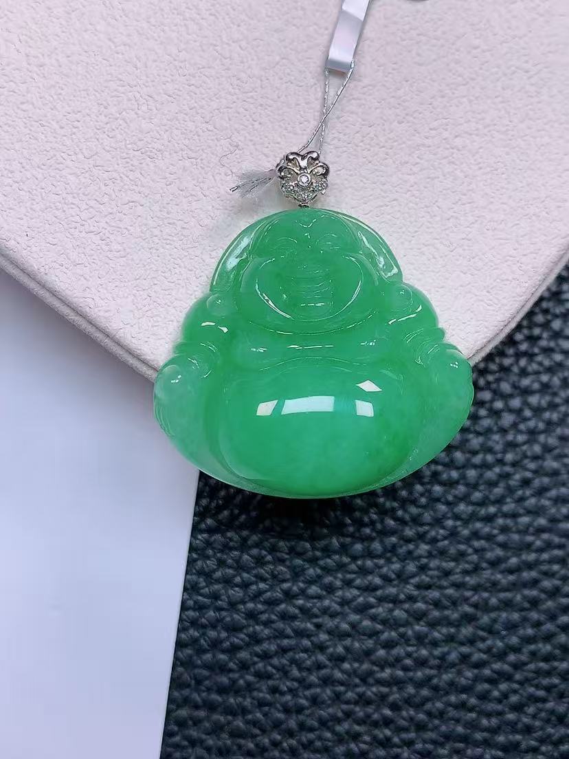 天然真品翡翠正品 水润细腻气质18k金镶嵌冰阳绿满阳色佛公吊坠