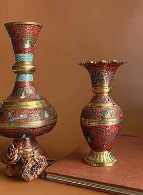 轻奢彩绘黄铜花瓶ins高级感干花百合仿真花中古客厅插花创意摆件