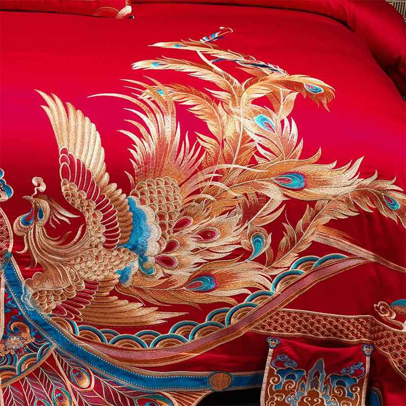端轻奢160支全棉长绒棉YX-20250龙刺绣婚庆四高陪件套大红结婚嫁