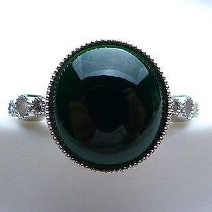 可改圈口18K金镶玉戒面镶嵌钻石缅甸翡黑溜墨翠蛋面戒指3.27g