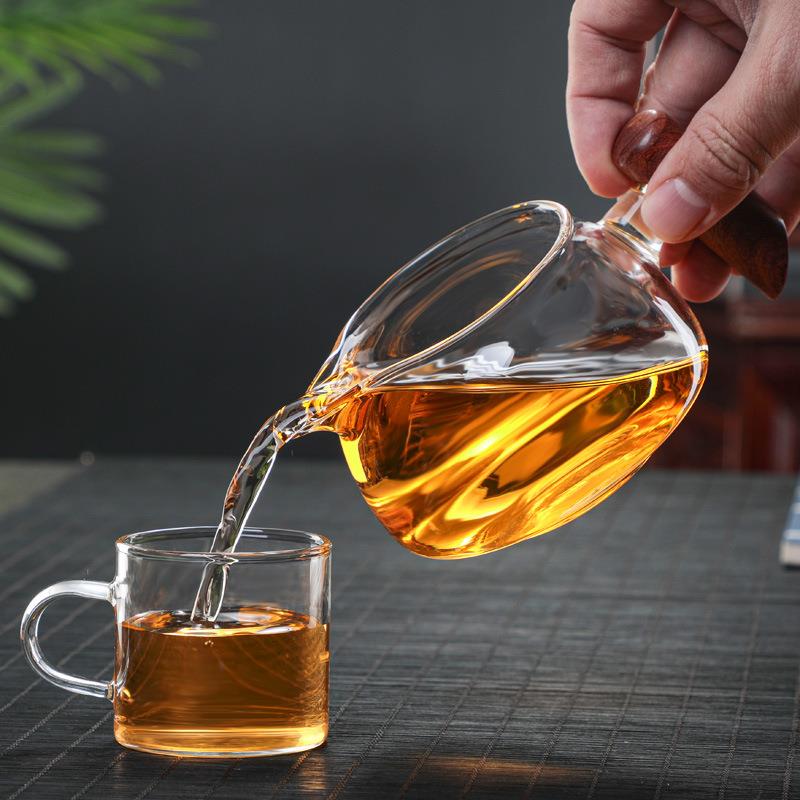 侧把玻璃公道杯透明加厚茶海配件耐热木把公杯创意功夫茶具茶漏杯