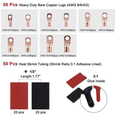 跨境货源100pcs铜线电池接线片带2:1热缩管1/0 2 4 6 8AWG 环形