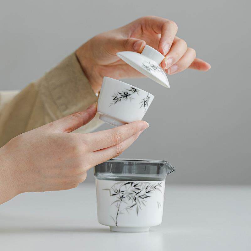展瓷羊脂玉墨竹旅行茶具套组家用户外便携收纳快客杯一壶两杯套装