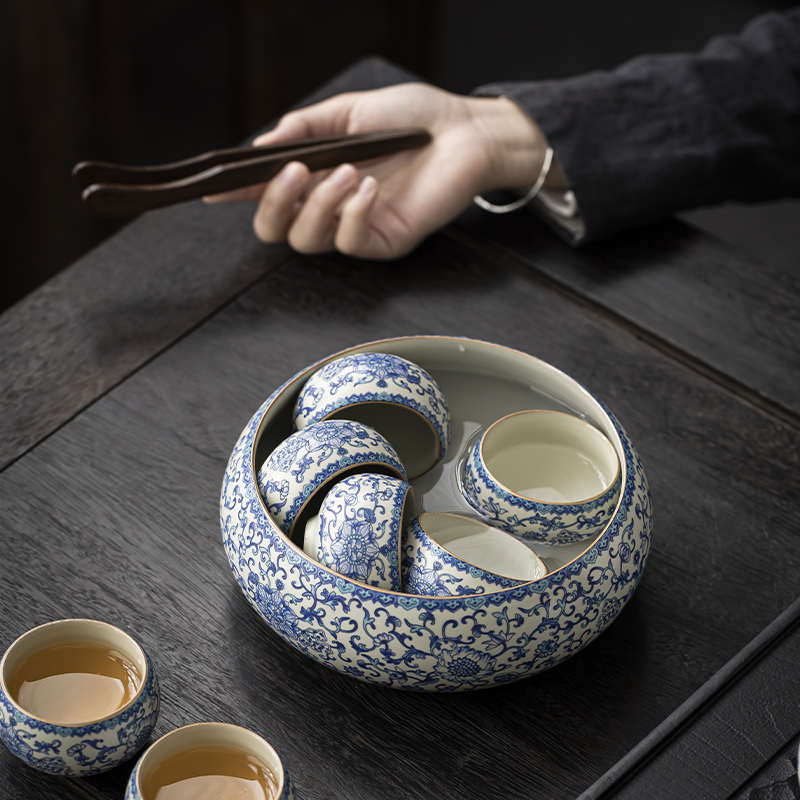 汝窑缠枝莲大容量茶洗家用茶杯收纳缸茶道零配建水陶瓷废水茶渣缸