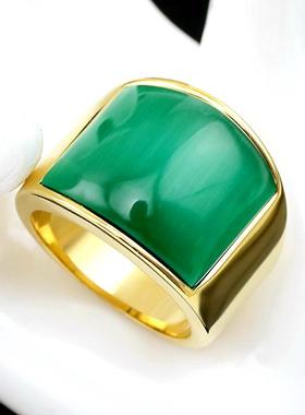 大气戒指男士霸气钛钢镀18K金指环食指祖母绿猫眼石戒子扳指刻字