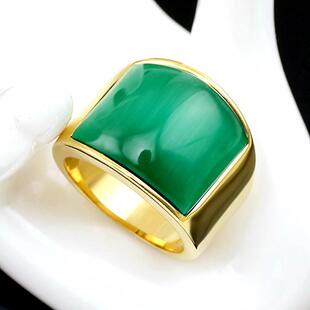 大气戒指男士霸气钛钢镀18K金指环食指祖母绿猫眼石戒子扳指刻字