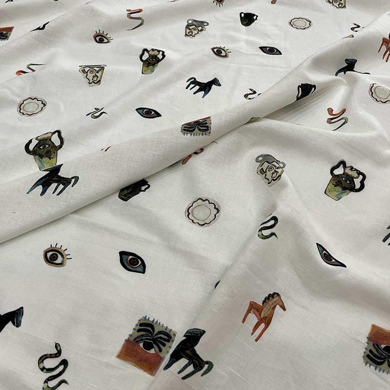 23春夏时尚亚麻棉混纺印花面料 女装服装动物物品图案高定布面料