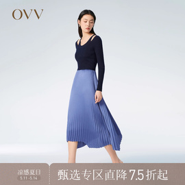 ovv春夏女装优雅浪漫针梭拼接假两件长袖针织连衣裙