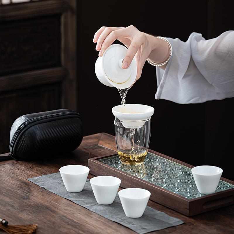 直销新款白瓷茶具便携式快客杯一壶四杯随身泡茶壶茶杯小套装户外