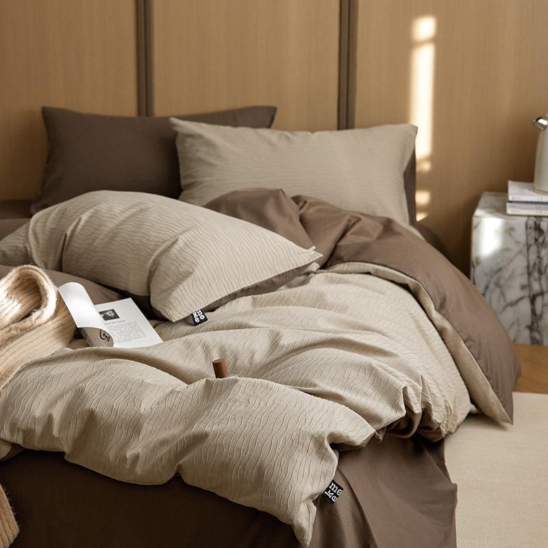 简约全棉水洗棉波套纹纱提花四件床纯棉床床单笠被套三件套上feng