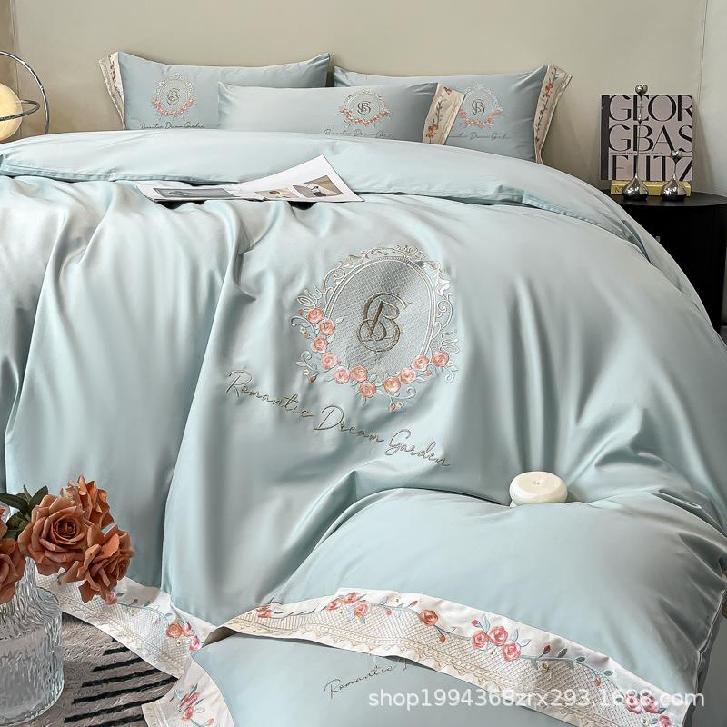 新单款刺绣边长绒四件套叶语TY全棉床被套床笠款适合单双人床宽上