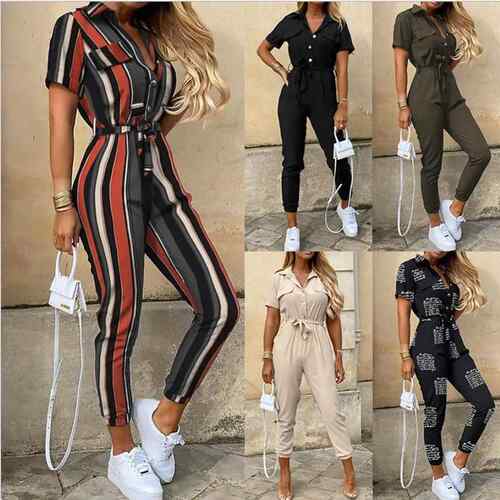 Women's collar printed waistband workwear jumpsuit