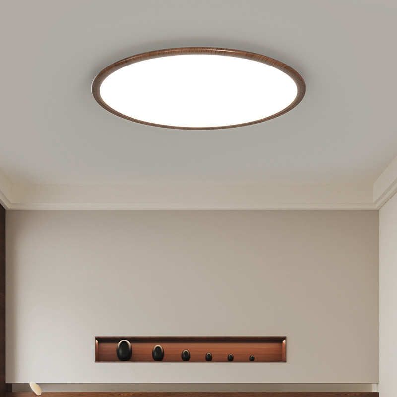 超薄卧房圆形侘日式吸顶灯原木寂led风木色主胡桃间中山卧室灯具