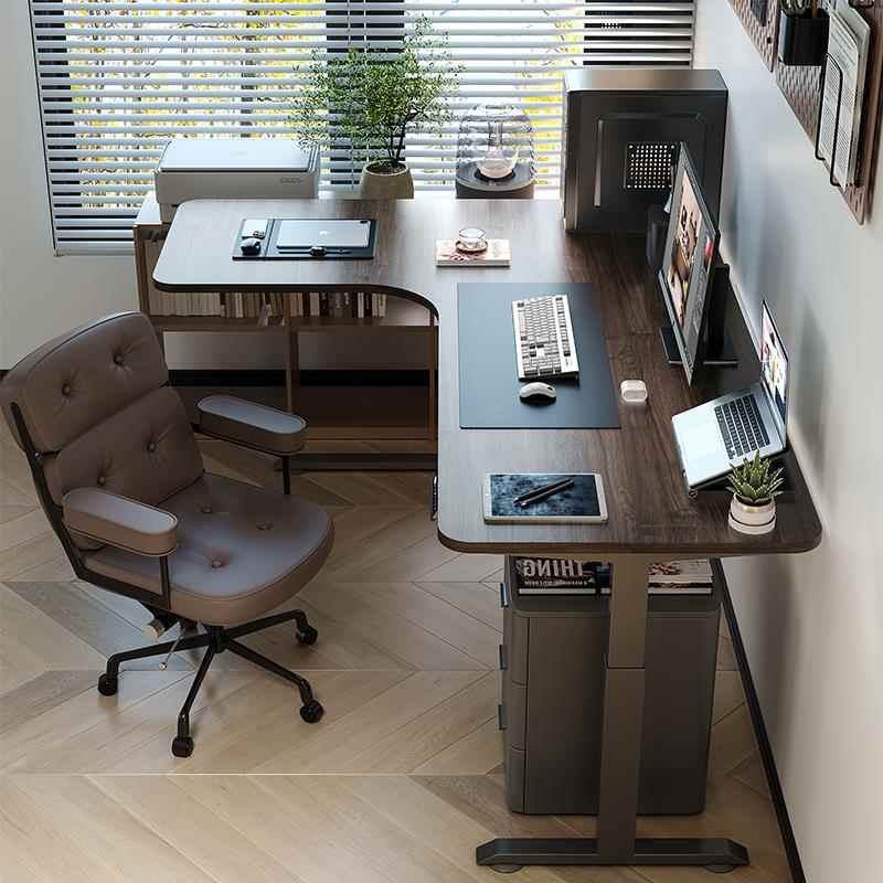 0J书房家用L型电脑桌胡桃转角实木电动升降书桌简约站立拐角办公