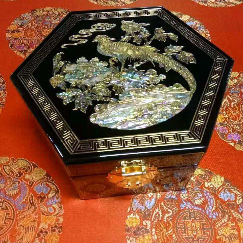 漆器首饰盒六角型盒贝壳螺钿镶嵌饰品盒掐丝绘彩工艺梳妆手工大漆