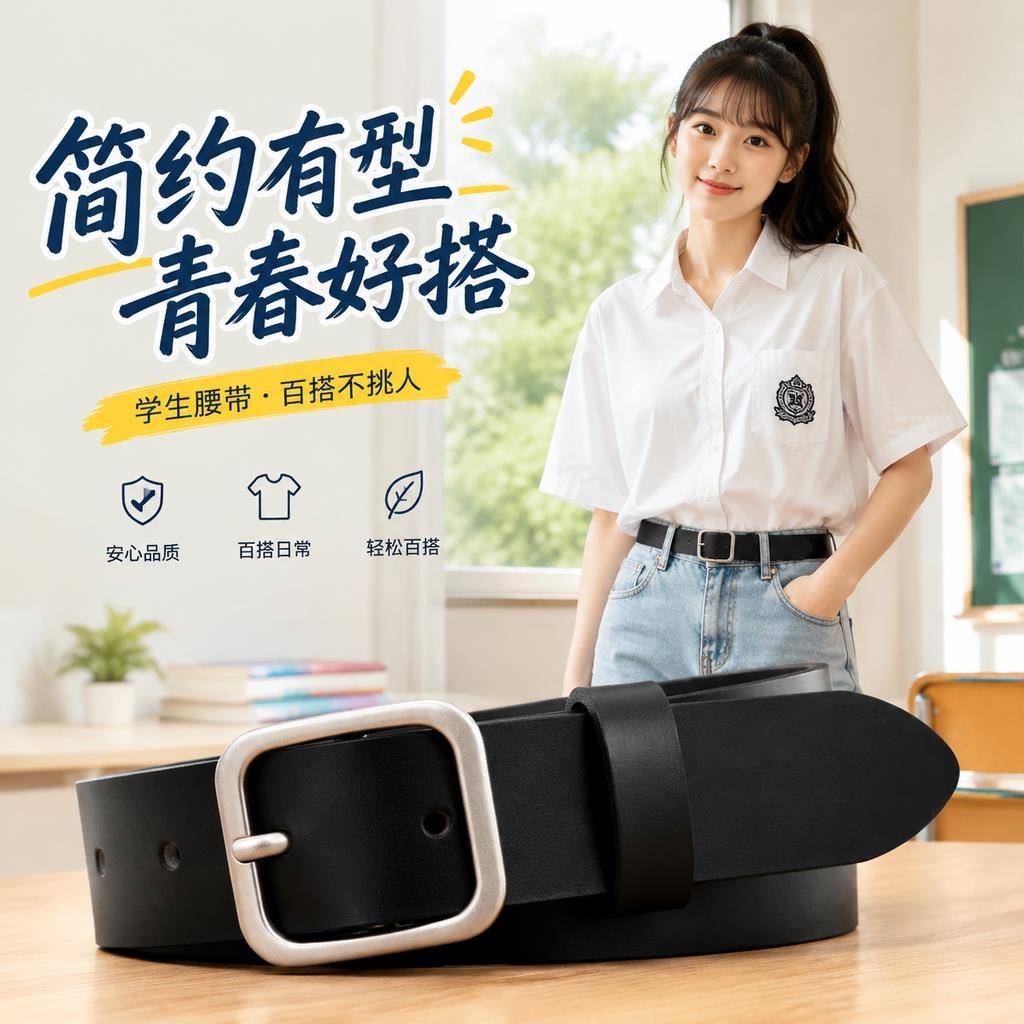 腰带女款2026新款简约百搭可调节方扣裤带学生黑色休闲裤针扣皮带