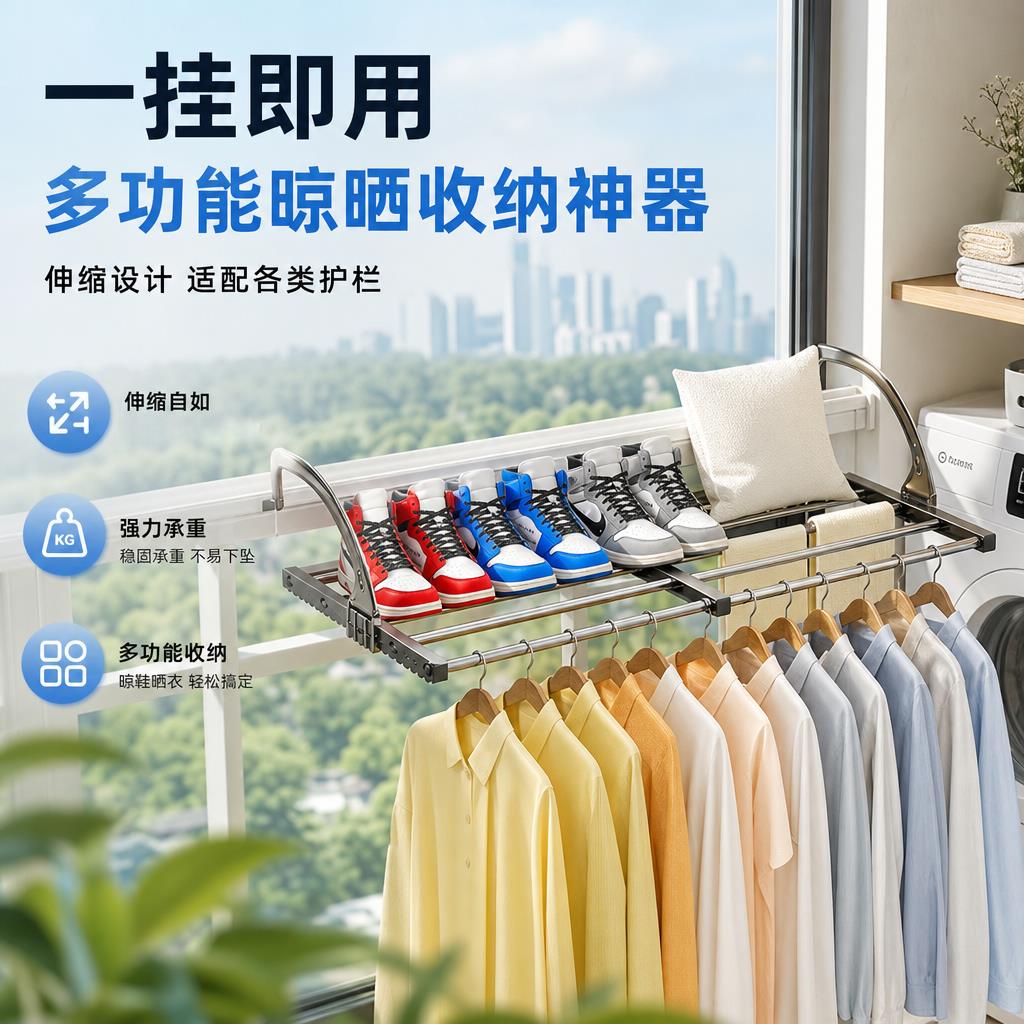 护栏悬挂伸缩晾晒架家用窗外阳台晾鞋神器室外晒鞋袜多功能置物架