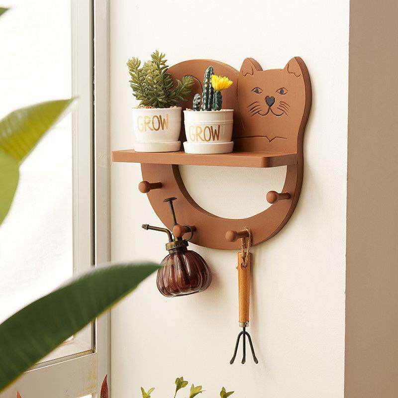 创意猫墙壁挂衣钩入户门玄关衣帽架实木壁挂隔板钥匙置物架