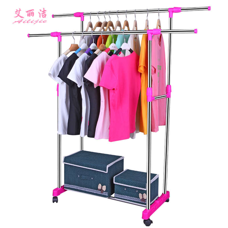 双杆彩色批发 不锈钢晾衣架落地晾晒伸缩挂衣服架子升降伸缩代发