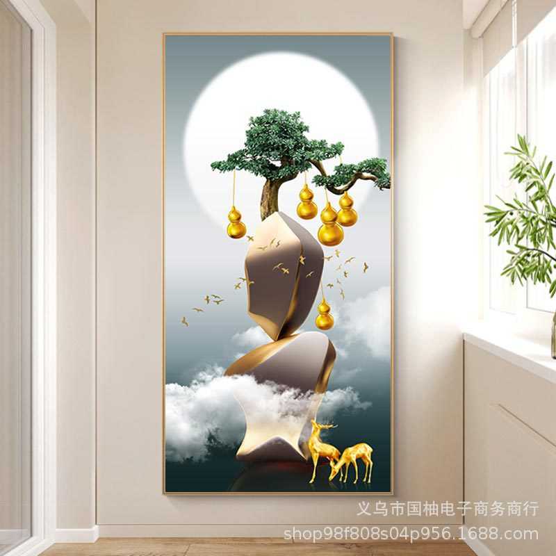 时来运转简约入户风景时尚北欧挂画客厅走廊石头麋鹿迎客松壁玄关