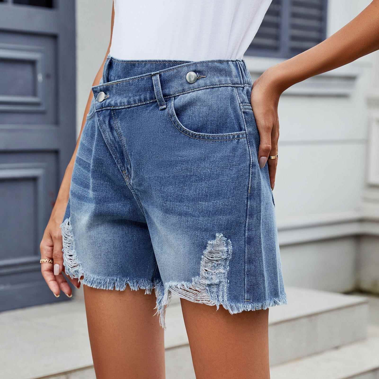Womens Washed Irregular Denim Raw Edge Shorts Trendy