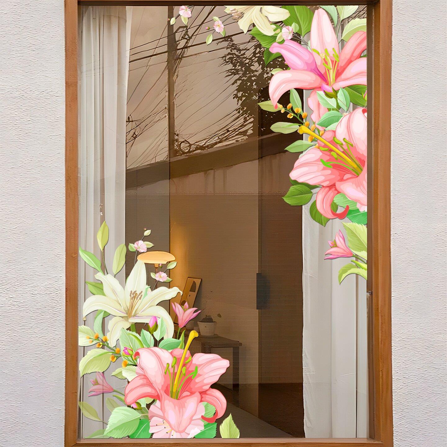 抽象手绘插画水彩百合花卉ins风北欧腰线防撞创意静电玻璃贴纸