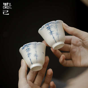 墨己白瓷花口茶杯功夫茶具手绘青花竹逸品茗杯家用单杯喝茶杯子
