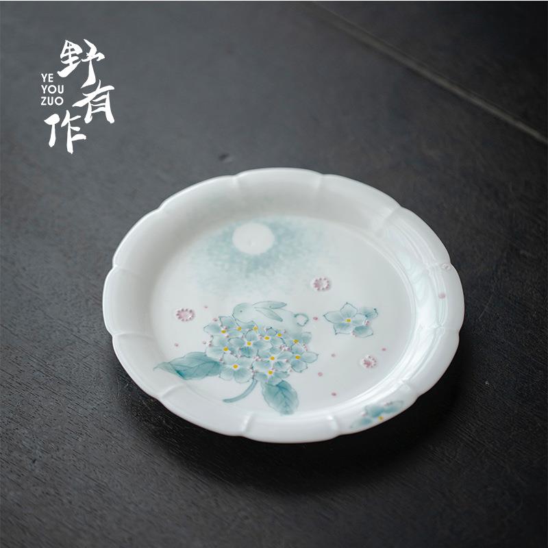 野有作纯手绘花兔集壶承干泡盘茶承家陶瓷茶点盘圆盘壶托托盘茶盘