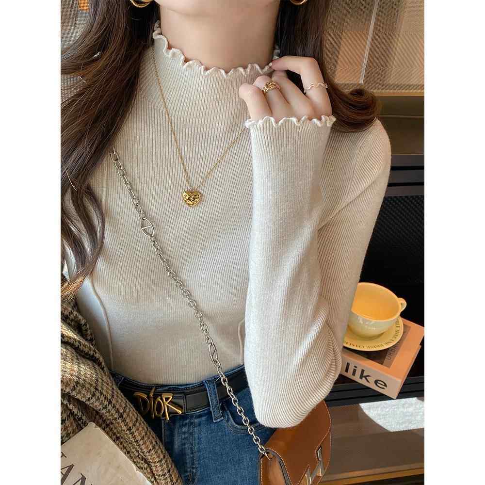 纯色打底衫女内搭时髦洋气2025秋冬新款木耳边半高领毛衣针织上衣