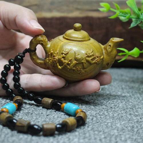 绿檀木雕把把壶手把件 喜上眉梢南瓜茶壶文玩摆件男随身把玩挂件