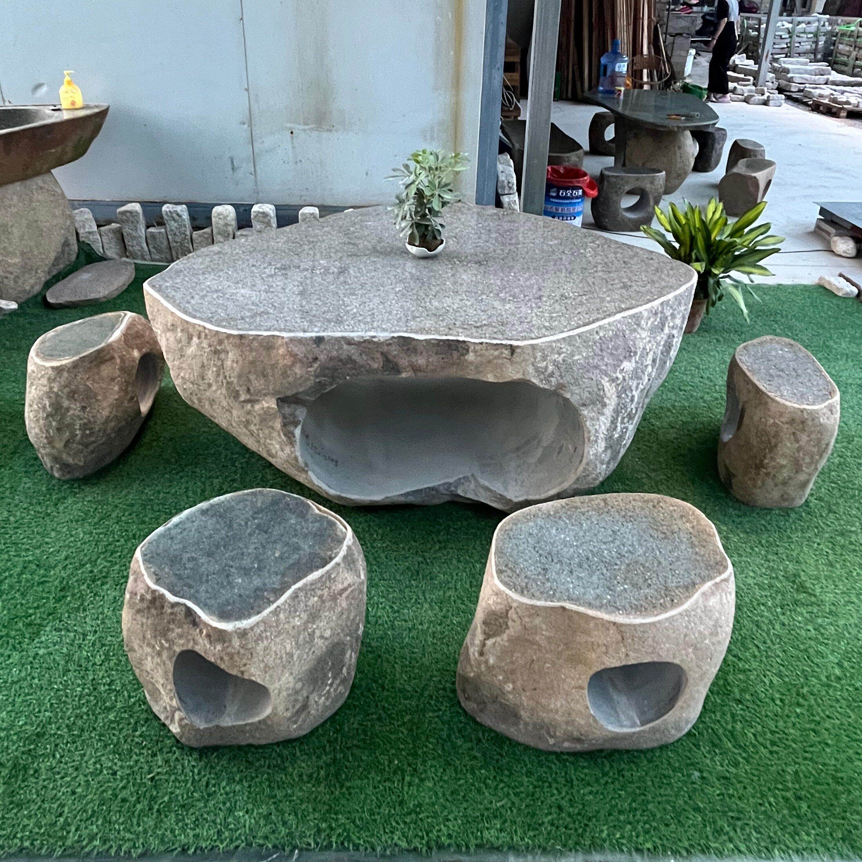 石桌石凳庭院花园户外别墅公园室外天然石头青石鹅卵石整石茶桌椅