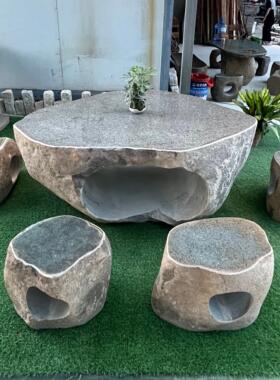 石桌石凳庭院花园户外别墅公园室外天然石头青石鹅卵石整石茶桌椅