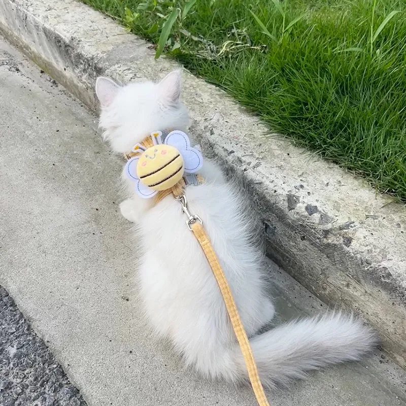 猫咪牵引绳宠物可爱蜜蜂胸背绳外出防丢自动可调节遛猫绳狗狗通用