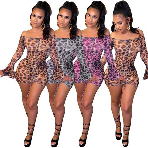 Women's mesh printed one-piece collar drawstring dress