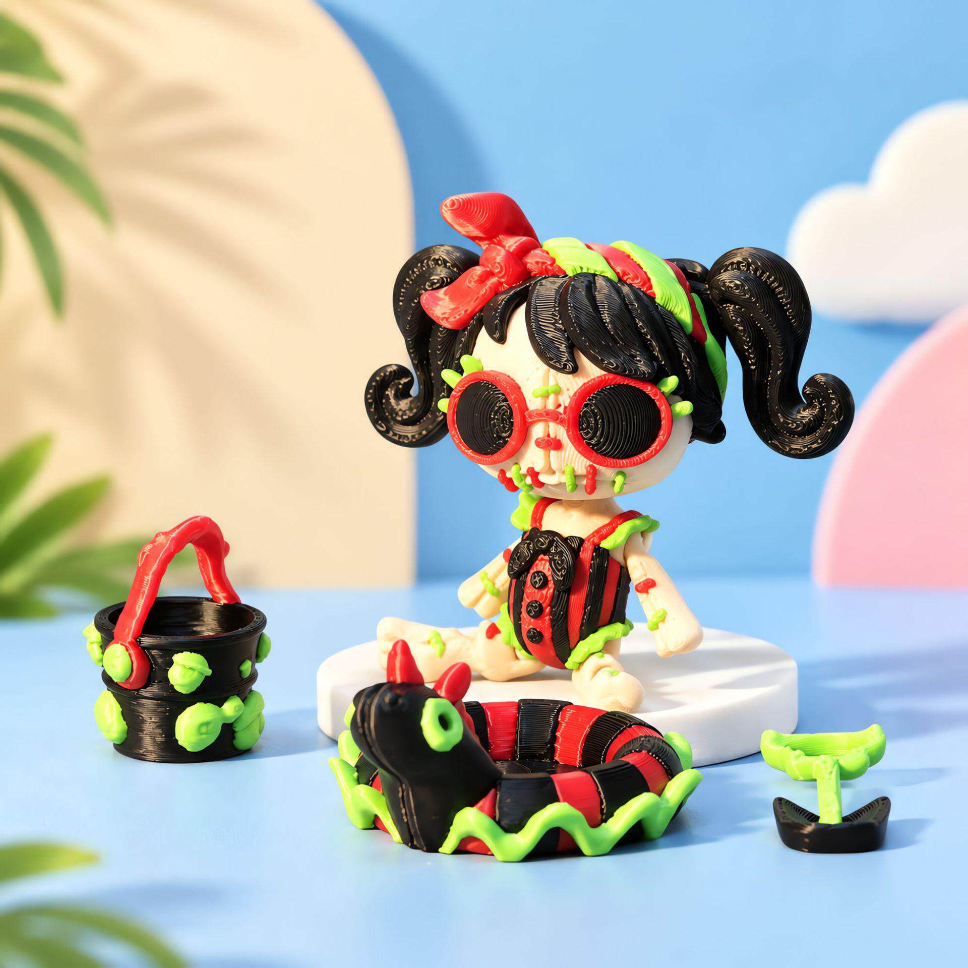 万圣节双马尾打印骷髅3D模型摆件