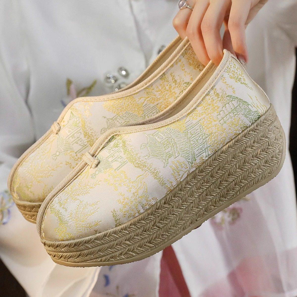 古风汉服鞋子女增高厚底汉服鞋纯色国风古装鞋新中式民族风绣花鞋