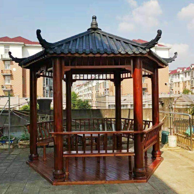 凉亭户外庭院实木六角凉亭花园四八角亭子碳化防腐木景观彷古木屋