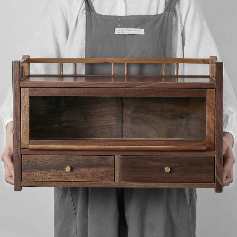 胡桃木桌面收纳柜三层抽屉实木博古架普洱茶饼收纳茶防尘具置物架