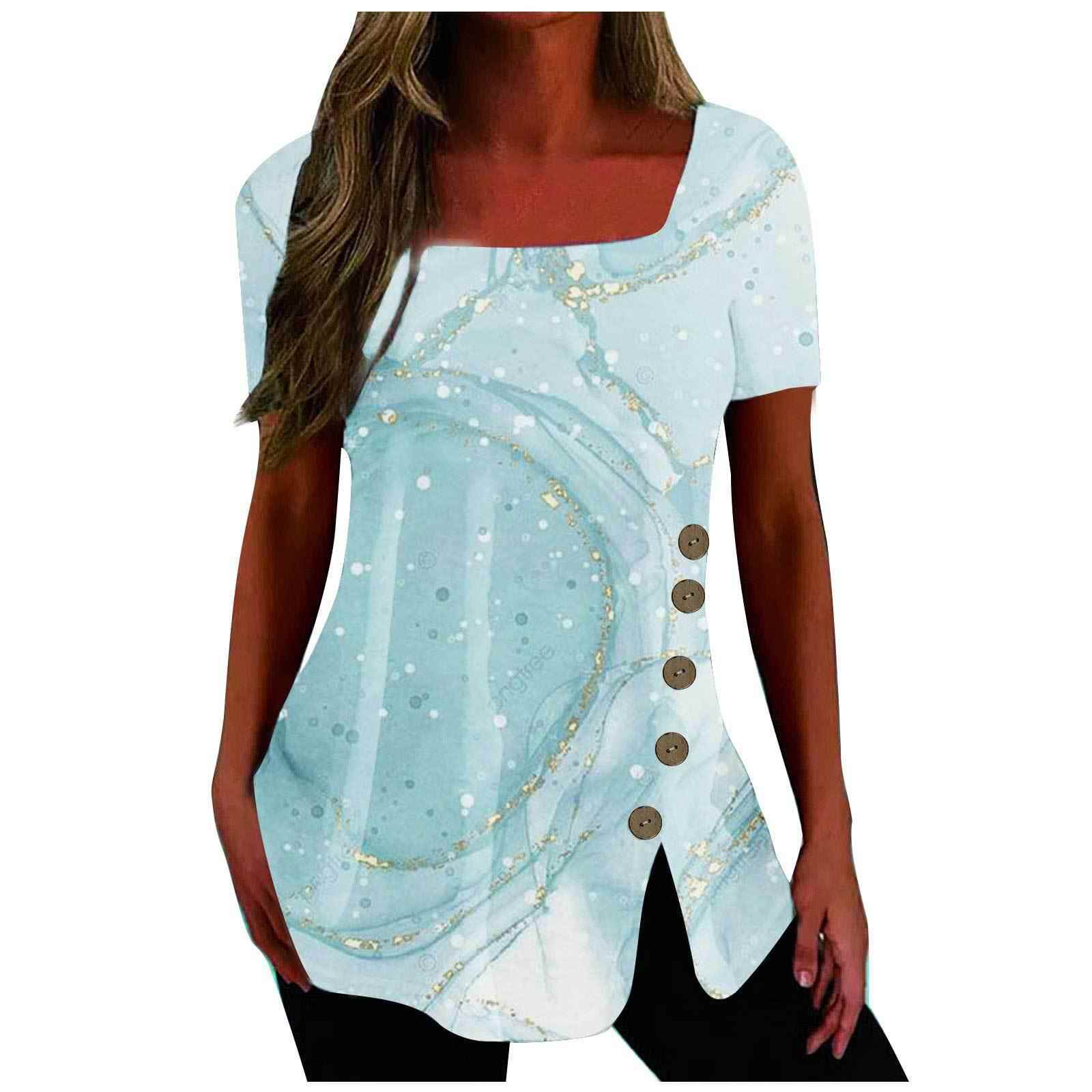 T-shirt Casual Sleeve Short Slit Button Clothing Womens