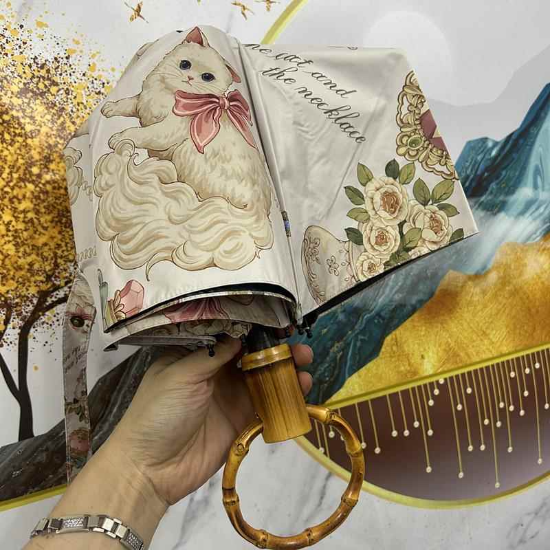 日系风三折猫咪黑胶圆环创意个性圆环竹手柄遮阳伞晴雨两用伞