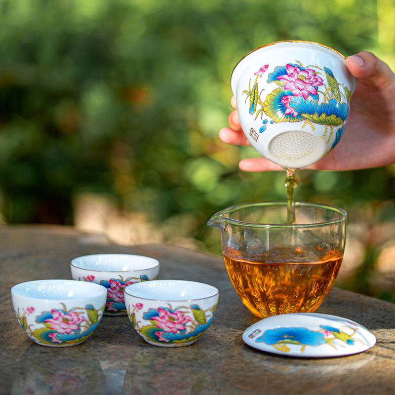 荷韵快客杯旅行茶具一壶三杯收纳包户外泡茶杯陶瓷便携茶具套装