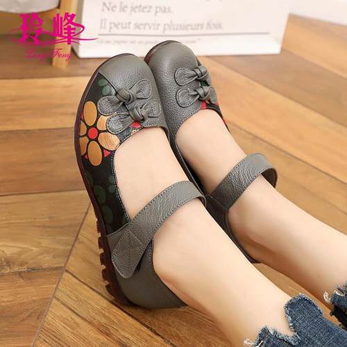 高档2025新民族风格大码鞋41-平4底3春季中女老年真皮底妈妈鞋