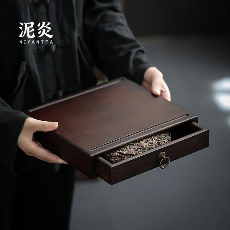 竹制普洱茶收纳盒单层茶仓茶饼架存茶盒抽屉式分茶盘功夫茶道配件