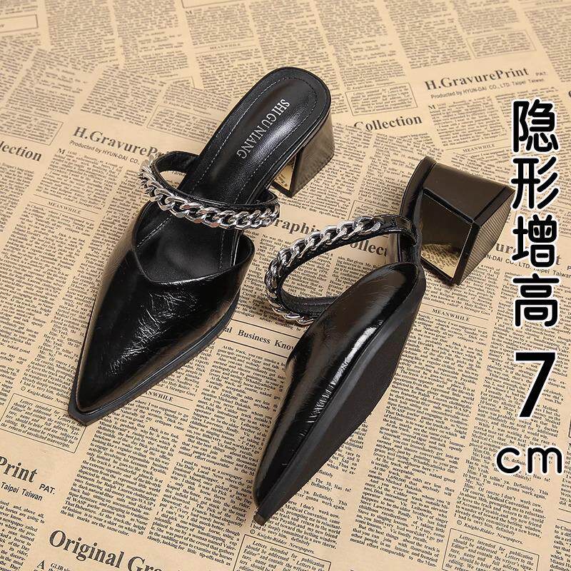香港真皮巨好看包头半拖鞋女夏外穿2025新款爆款尖头粗高跟凉拖鞋