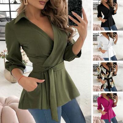 Long sleeved collar belt shirt for women